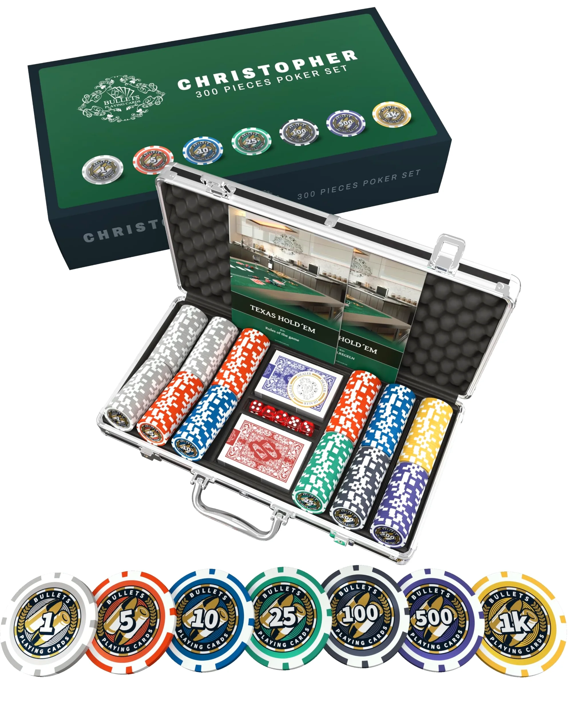 Bullets Playing Cards, Valigetta da poker Christopher, Set da poker con 300 chip in plastica, con pulsante di dealer in ceramica, confezione doppia di carte da poker
