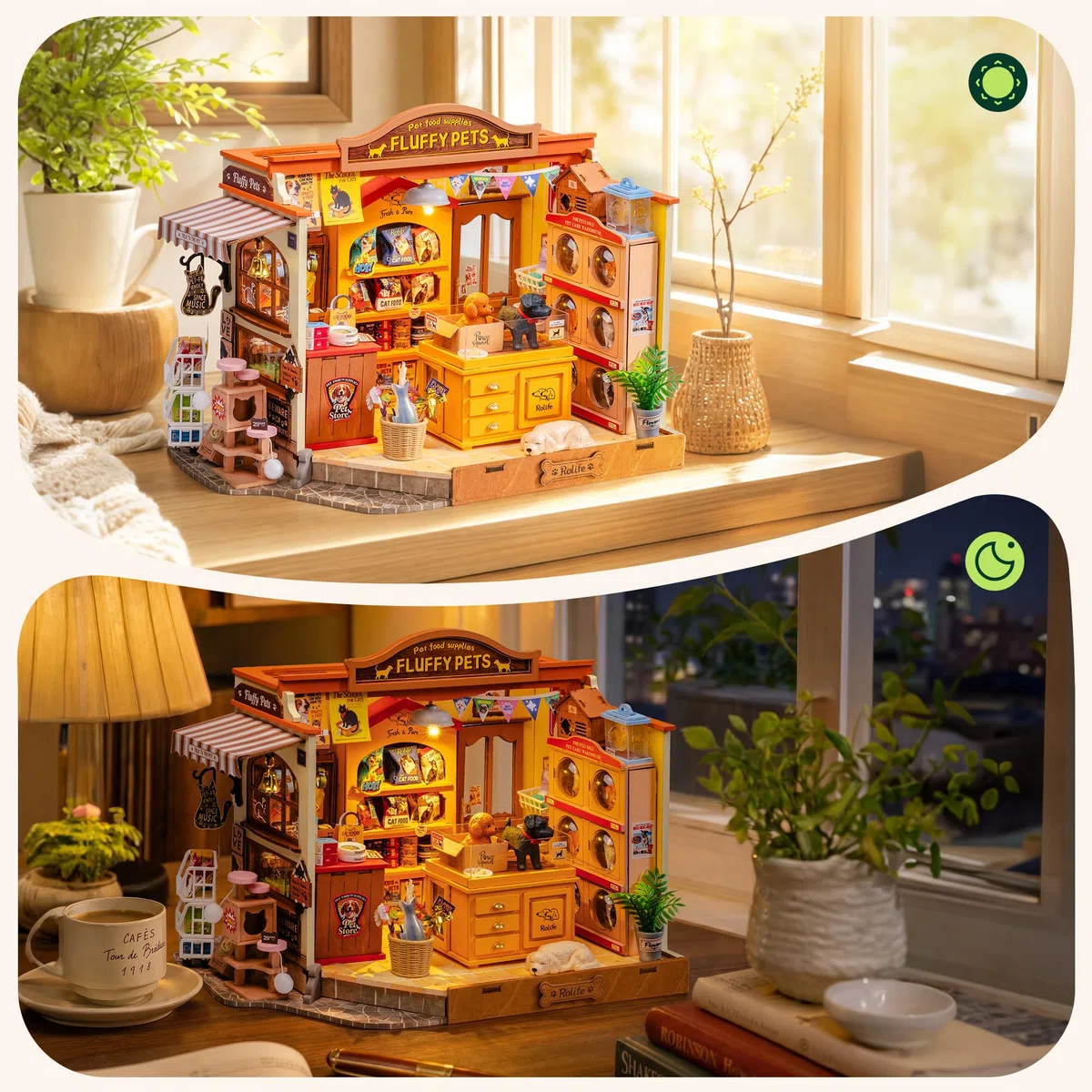Rolife Kit fai da te in miniatura per casa delle bambole Fluffy Friends, accogliente negozio di animali domestici piccola casa con mobili, kit di costruzione in miniatura fai da te per gli amanti