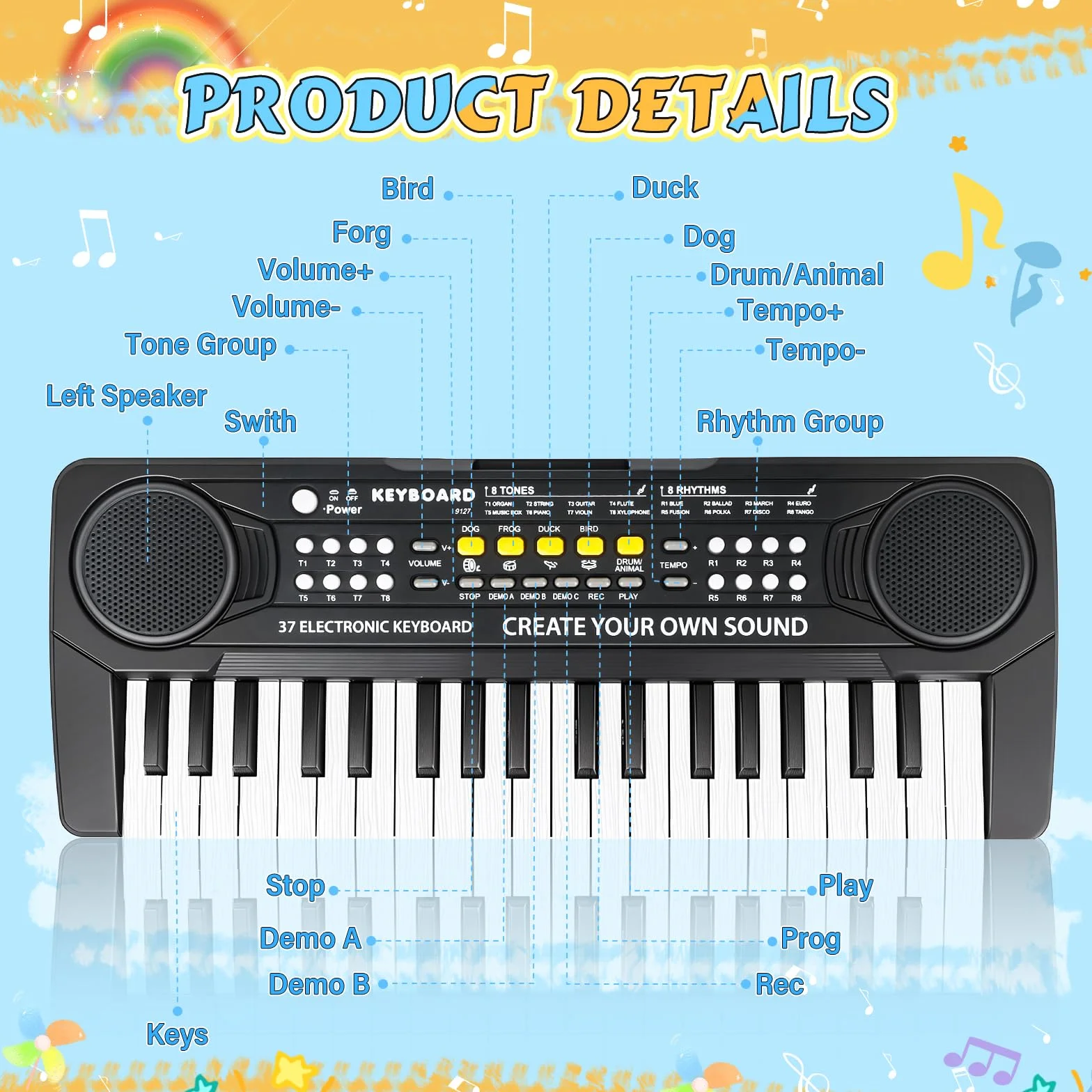 m zimoon Pianola Bambini 37 Tastiera Elettronica Musicale con Microfono, Pianola per Bambini Media Portatile Multifunzione, Music Giocattolo Educativo Regalo per 3 4 5 6 7 8 Ragazzi Ragazze