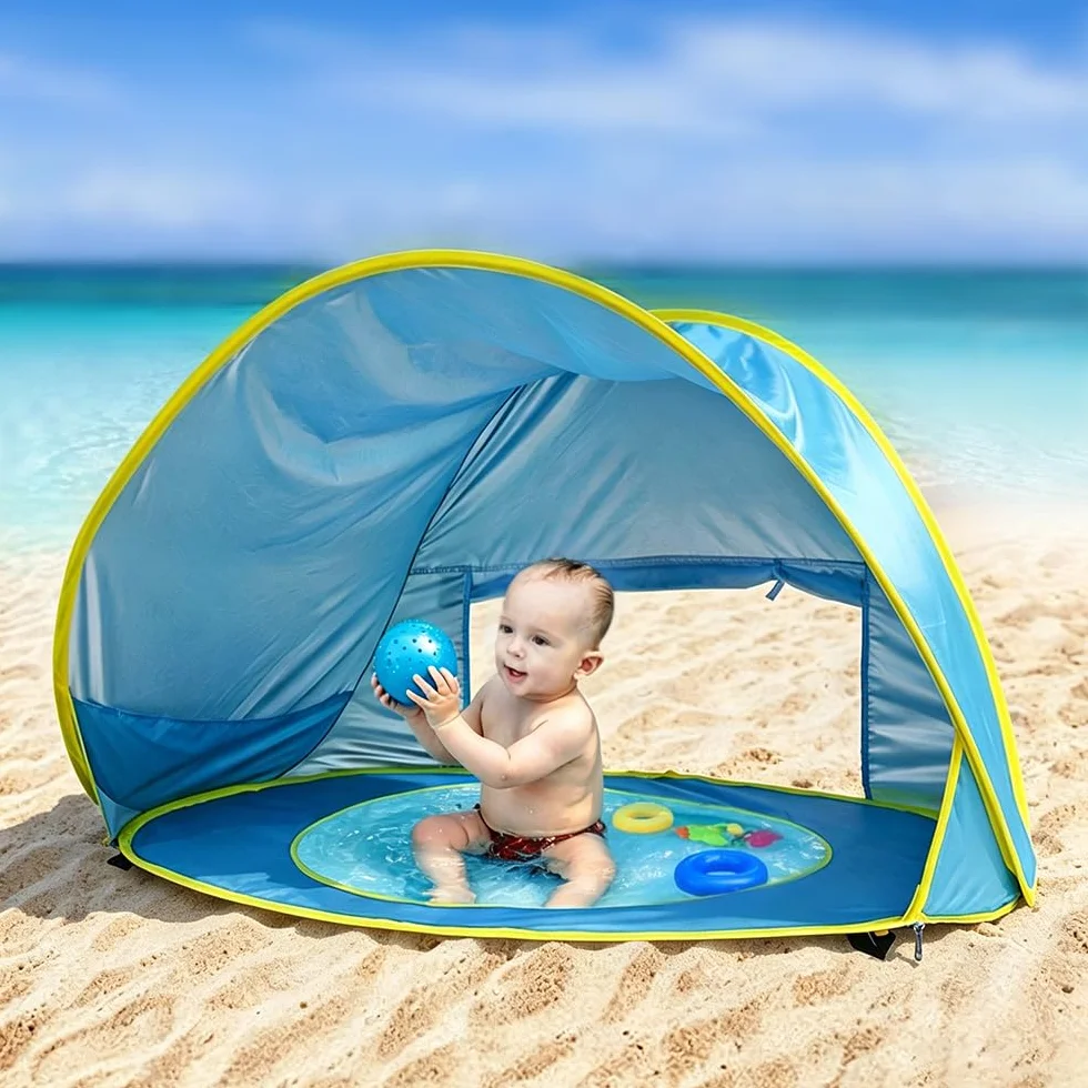 Tenda da Spiaggia Bambini, Tenda Spiaggia con Protezione UV 50, Parasole da Spiaggia con Mini-Piscina, Borsa per il Trasporto e Picchetti, Finestra con Cerniera
