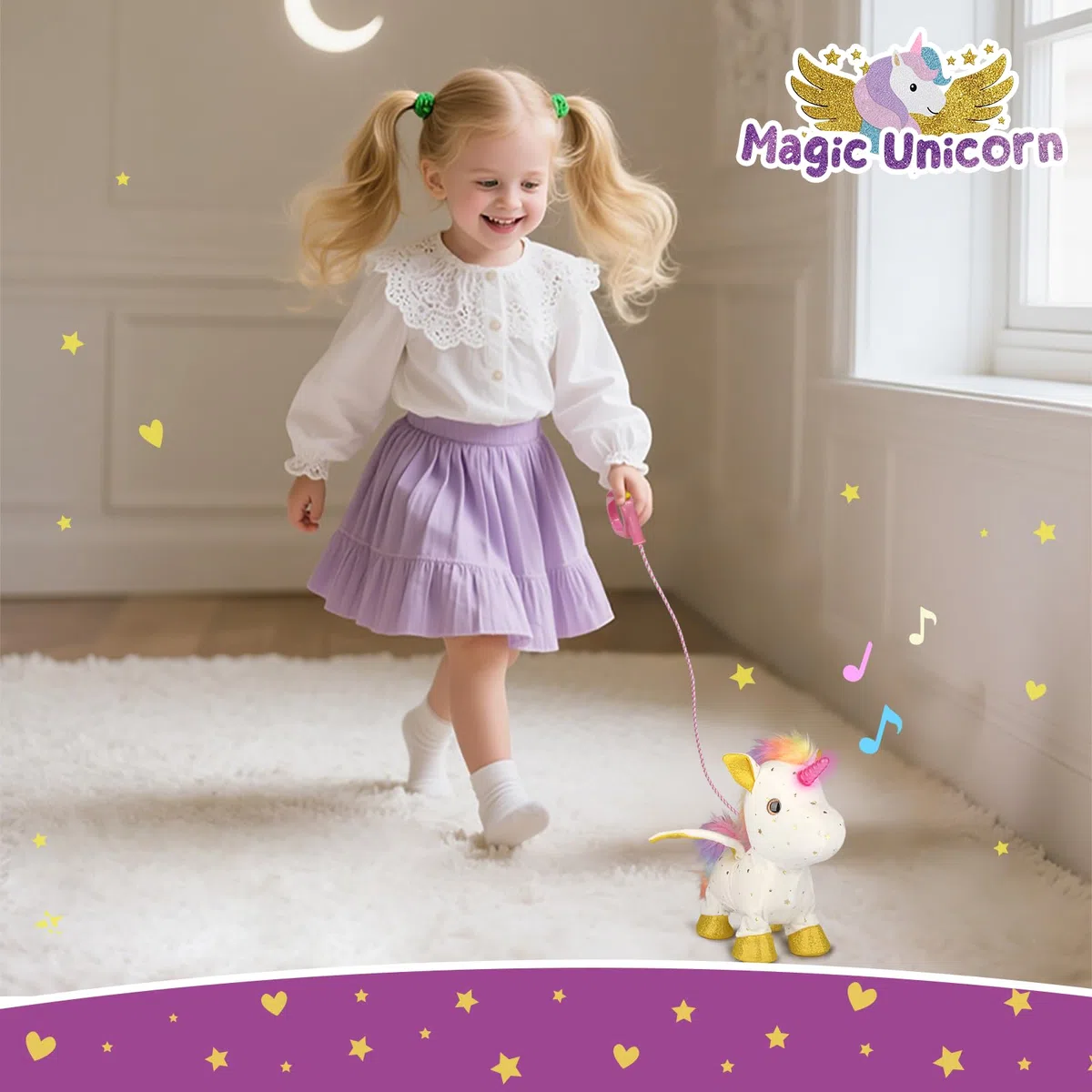Giochi Regalo Unicorno per Ragazze Età 4-6, Peluche Unicorno Interattivo con Luci che Cammina, Guinzaglio con Telecomando, Peluche Elettronico con Luci, Ritmi Musicali e Ali che Si Muovono, Regalo di