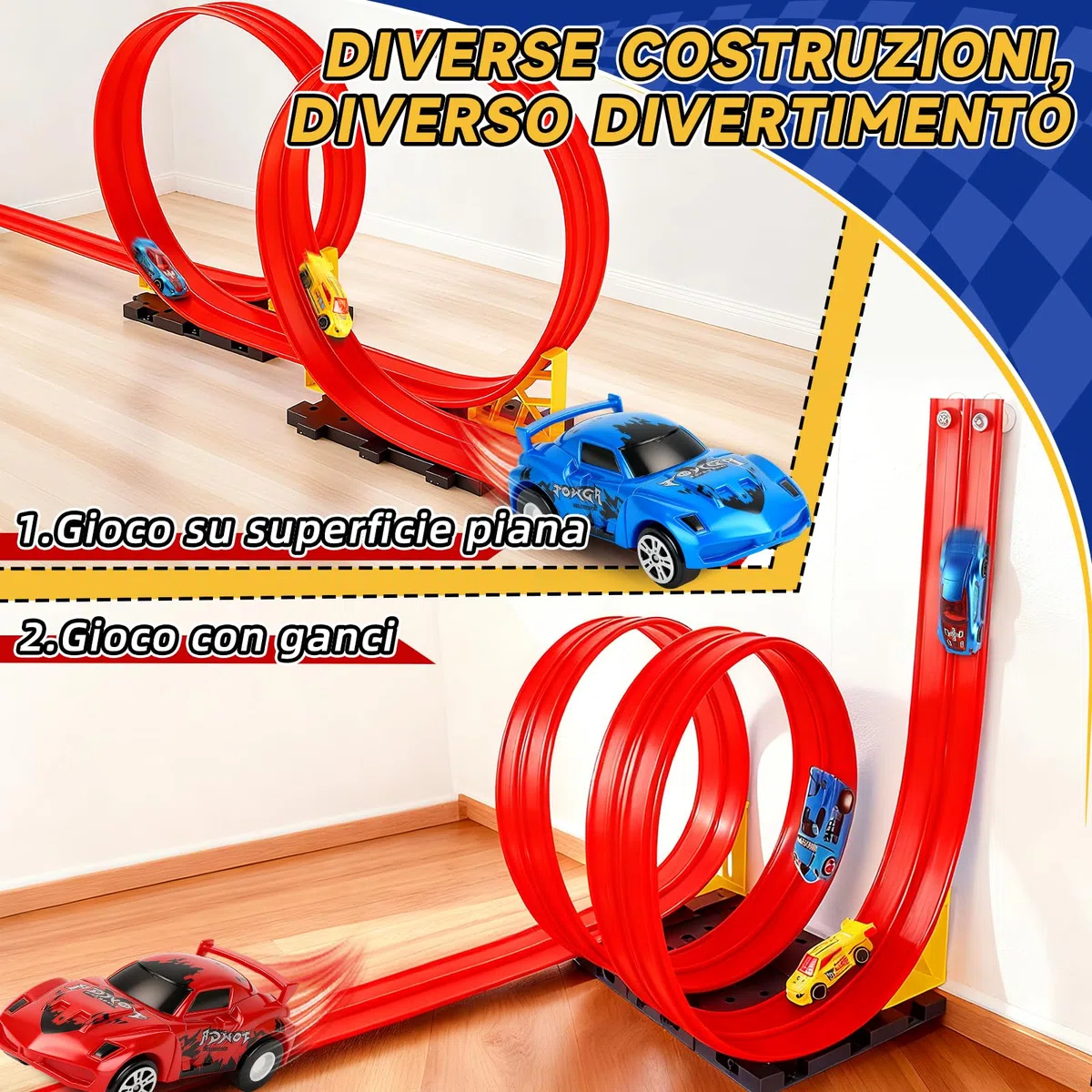 Charmofun Pista Macchinine Flessibile 5M, Giocattolo Piste da Corsa con 4 Auto, Borsa Stoccaggio, Circuito di Corse per Bambini con Rampa e Catapult, Portatile Pista per Bambini 3+ Anni (Rosso)
