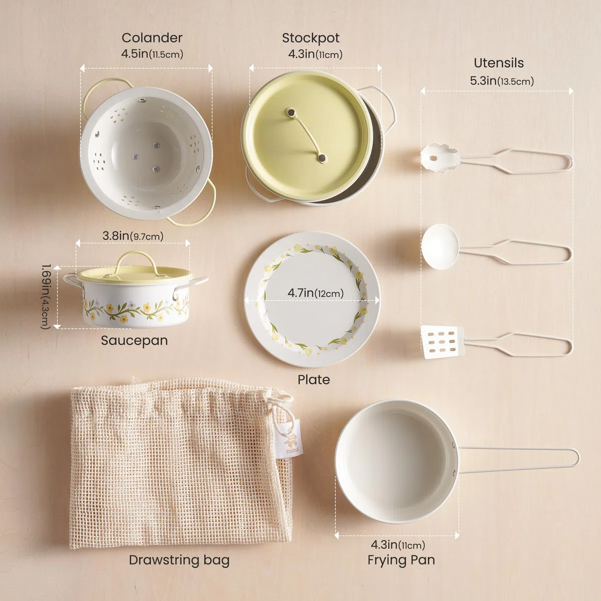 ROBOTIME Set di utensili da cucina in latta, set di pentole con fiori giallo crema, mini accessori da cucina da gioco, pentole e padelle giocattoli con una borsa a rete, stile francese, per bambini