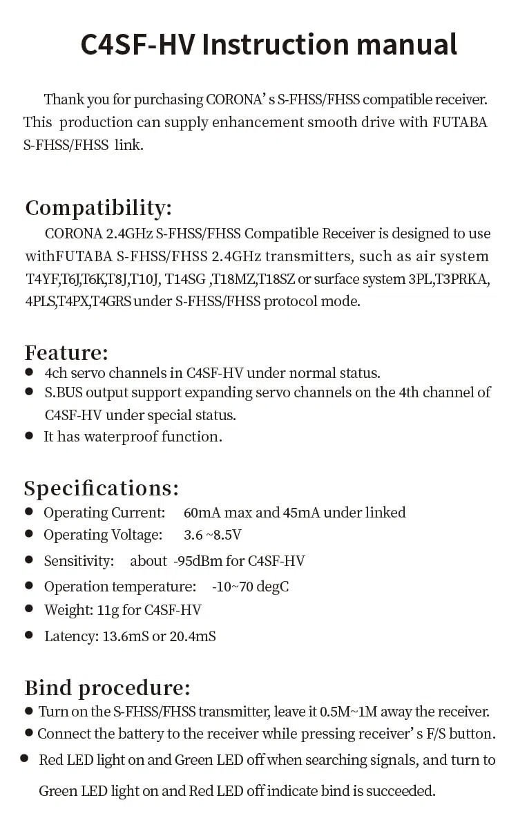 C4SF C4SF-HV 2.4GHz 4 canali S-FHSS/FHSS SBUS Ricevitore compatibile per FUTABA 3PV/7PX/4PLS/4PV/7PX/4PX ecc Modelli parti (2PCS C4SF-HV)