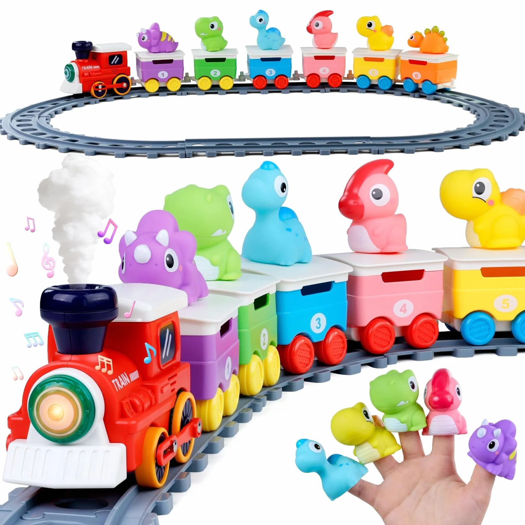 Trenino con Binari, Luci ed Effetto Vapore, Dinosauri Marionette da Dito, Giocattoli Montessori Sensoriali, Gioco Educativo per Bambini 2 Anni, Regalo 1-3 Anni