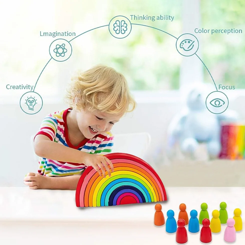 Kiuiom 4 Pezzi Arcobaleno Giocattolo In Legno,Blocco Arcobaleno Impilabile,Mattoncini Impilabili Per Bambini Piccoli,Giocattolo Educativo Montessori Da Costruzione,per Ragazzo Ragazza Regalo