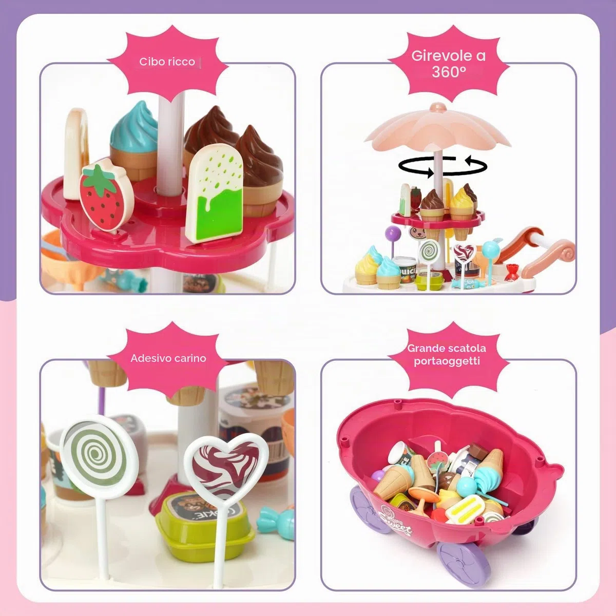 Carrello dei Gelati Bambini, Gelateria Giocattolo 36 Pezzi, Carretto Gelato Giocattolo con Deposito, Giochi di Ruolo Regalo per Bambina 3 Anni