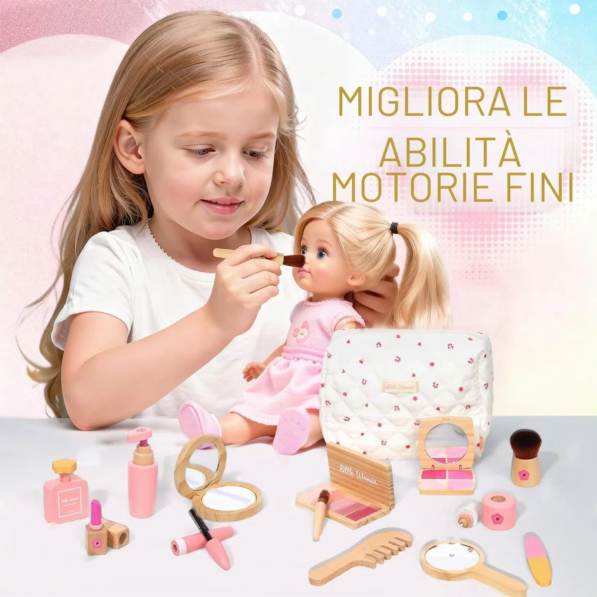 Set Trucchi Bambina in Legno Finti, Bacxzomx Finto Trucco Bellezza Salone con Trousse Cosmetici, Accessori Postazione Trucco Bimba, Giochi in Legno, Regalo Bambine 3 4 5 6 7 Anni