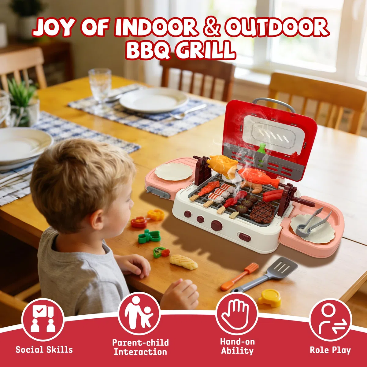 Set di giocattoli per barbecue per bambini con rumori di fumo e luce, accessori da cucina, barbecue interattivo, per bambini dai 3 agli 8 anni (RED)