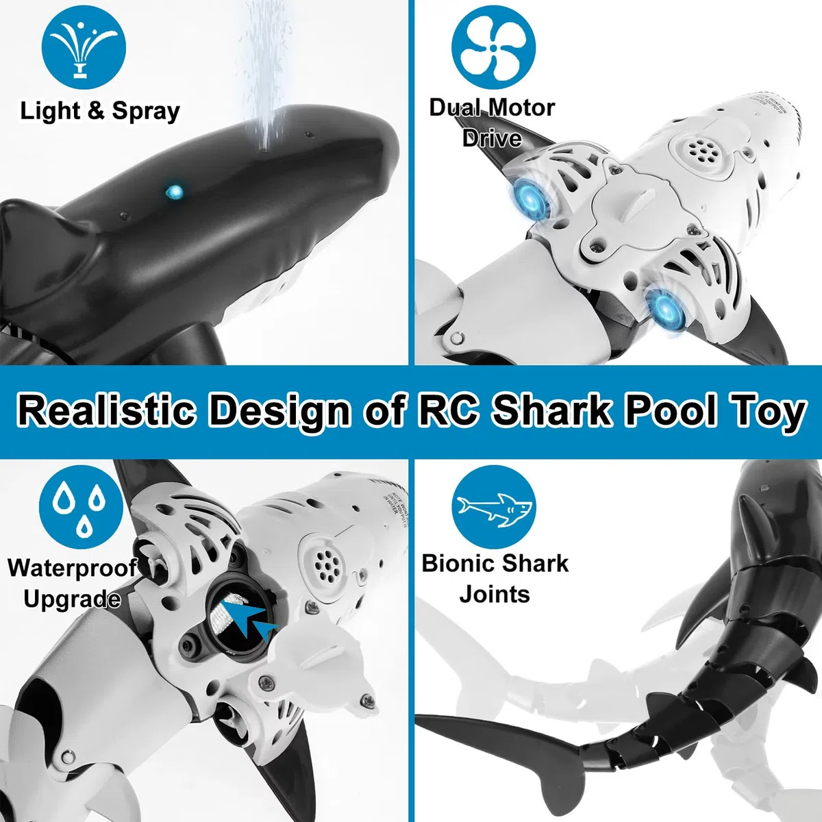 Giocattoli da piscina, giocattoli a forma di squalo telecomandato per ragazzi, giocattoli da bagno per bambini, alta simulazione squalo RC Boat Boy giocattoli con luce e acqua spray, regalo per