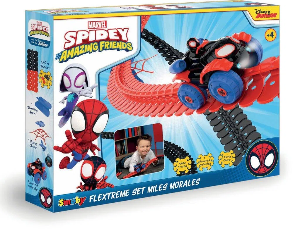 Smoby - Spidey FleXtreme Set Spin - 4 m40 di circuito per auto - 184 piste flessibili e modulabili + 1 veicolo morale effetti luminosi - 180926