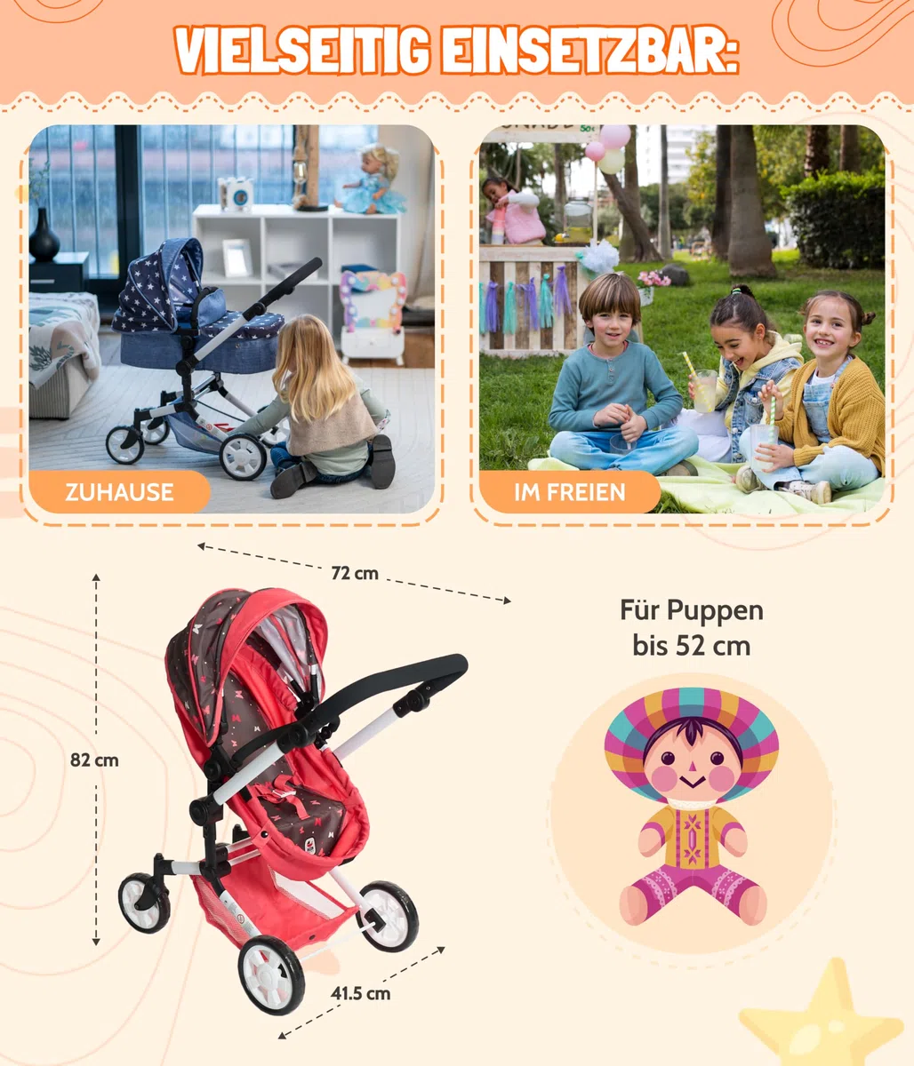 Bayer Chic 2000 Passeggino combinato 3 in 1 Linus – Butterfly Corallo – pieghevole, manico regolabile in altezza 47 – 78 cm, con seggiolino auto – Bambole fino a 52 cm, 4 – 8 J