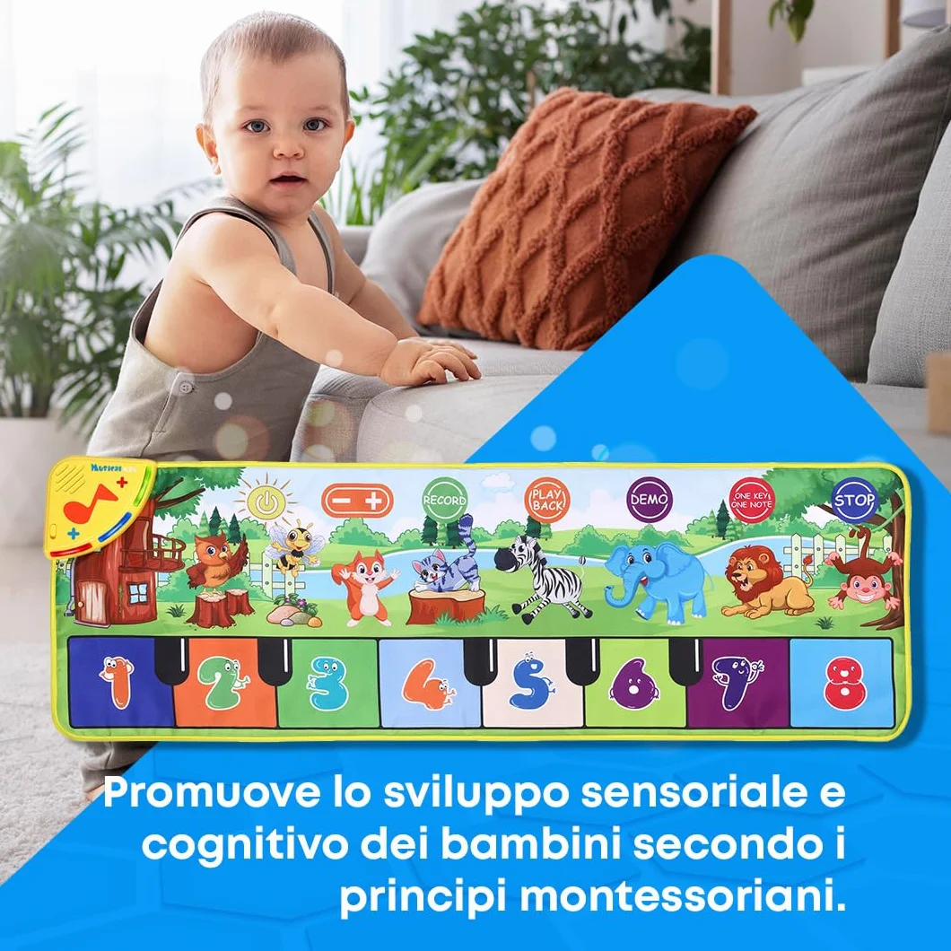 NK Tappetino Musicale per Bambini con 8 Suoni di Animali LED - Gioco Regali Bambino 3 4 5 annos, Tappeto Pianoforte Musicale Montessori, Regalo Natale e Compleanno, Funzione Record/Playback (110x36cm)