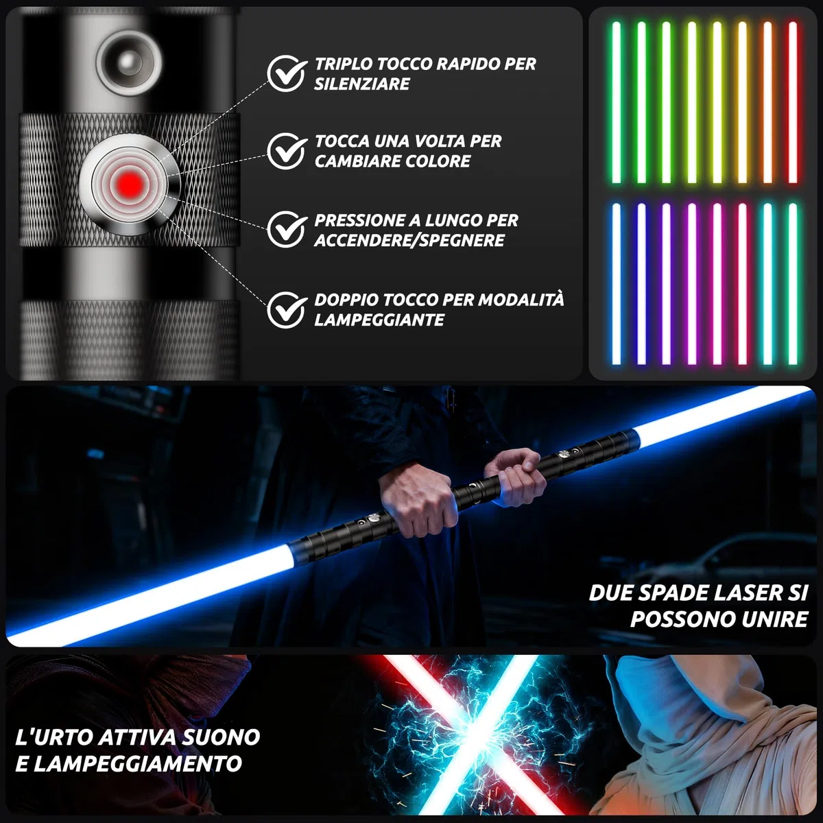 Spada Laser, 2 in 1 Spada Laser per Bambini, Ricarica USB RGB 16 Colori Lightsaber Suoni Simulati di Combattimenti, Regali per Bambini, Feste di Halloween, Cosplay (2 pz.)