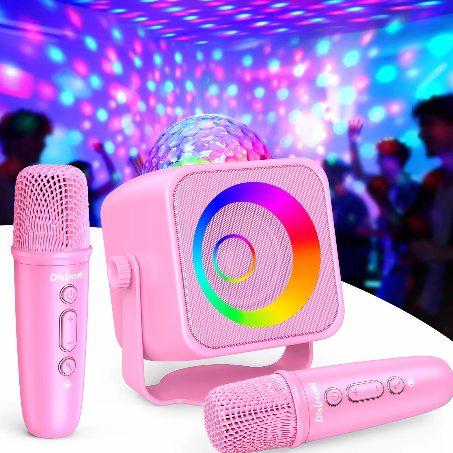 Karaoke con Microfono Bambini e Adulti, Microfono Bluetooth con Luci LED e Supporto Rimovibile, Rosa