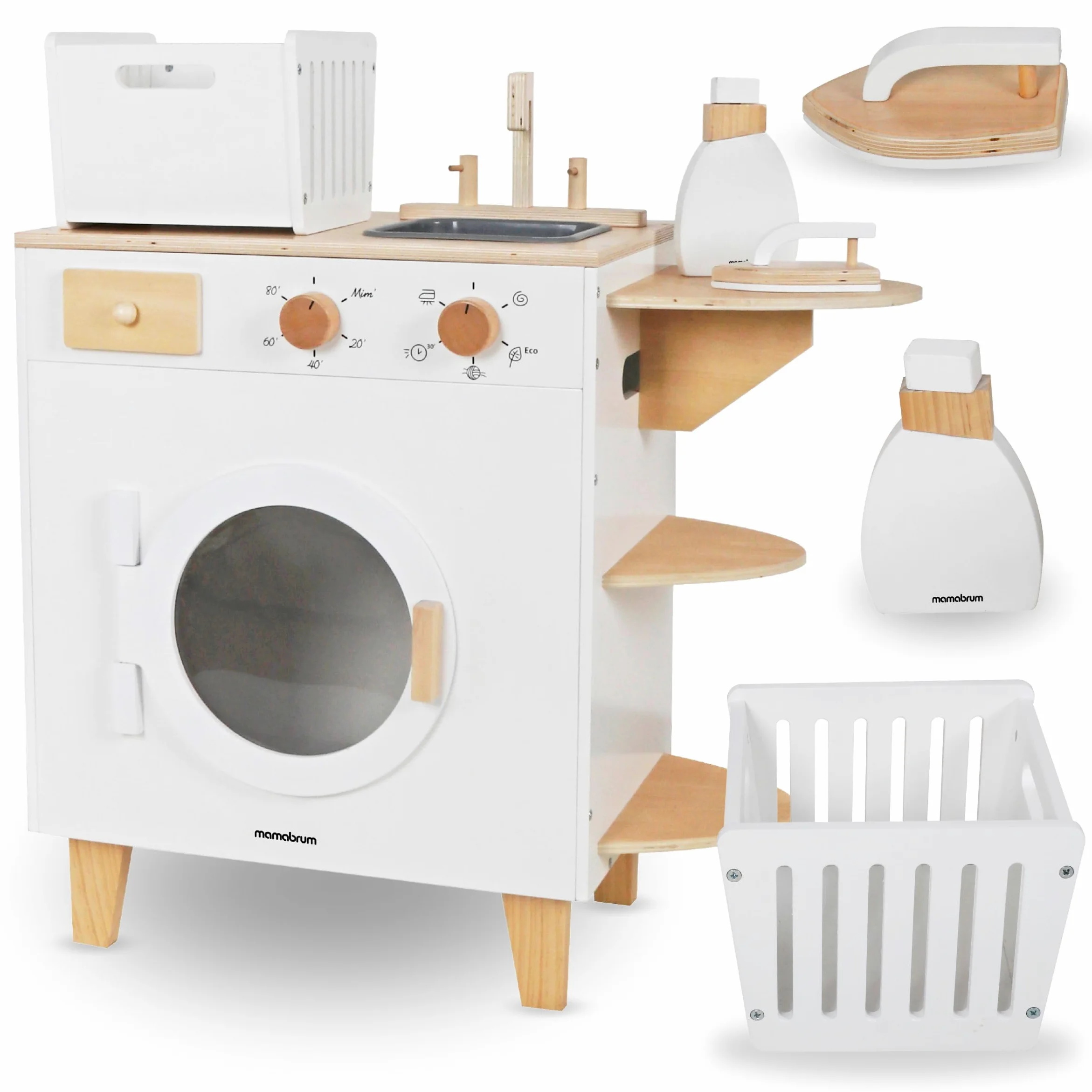 Mamabrum Set Lavatrice in Legno per Bambini 3+ - Giocattolo Educativo e Creativo per Giochi di Ruolo - Include Ferro da Stiro, Cesto Biancheria e Accessori