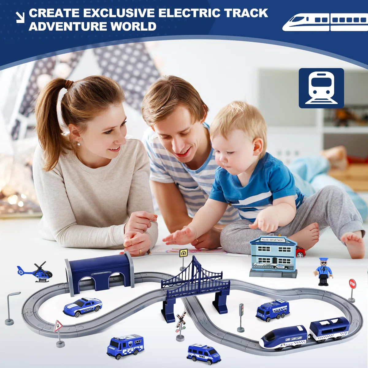 Joellfuner Treno Elettrico Bambino 3 4 5 6 7 Anni, Treno Circuito Auto Elettrico Bambino, Giocattoli Bambini Veicoli da Costruzione, Gioco di Traccia Auto Da Corsa Regalo Ragazzo Ragazza