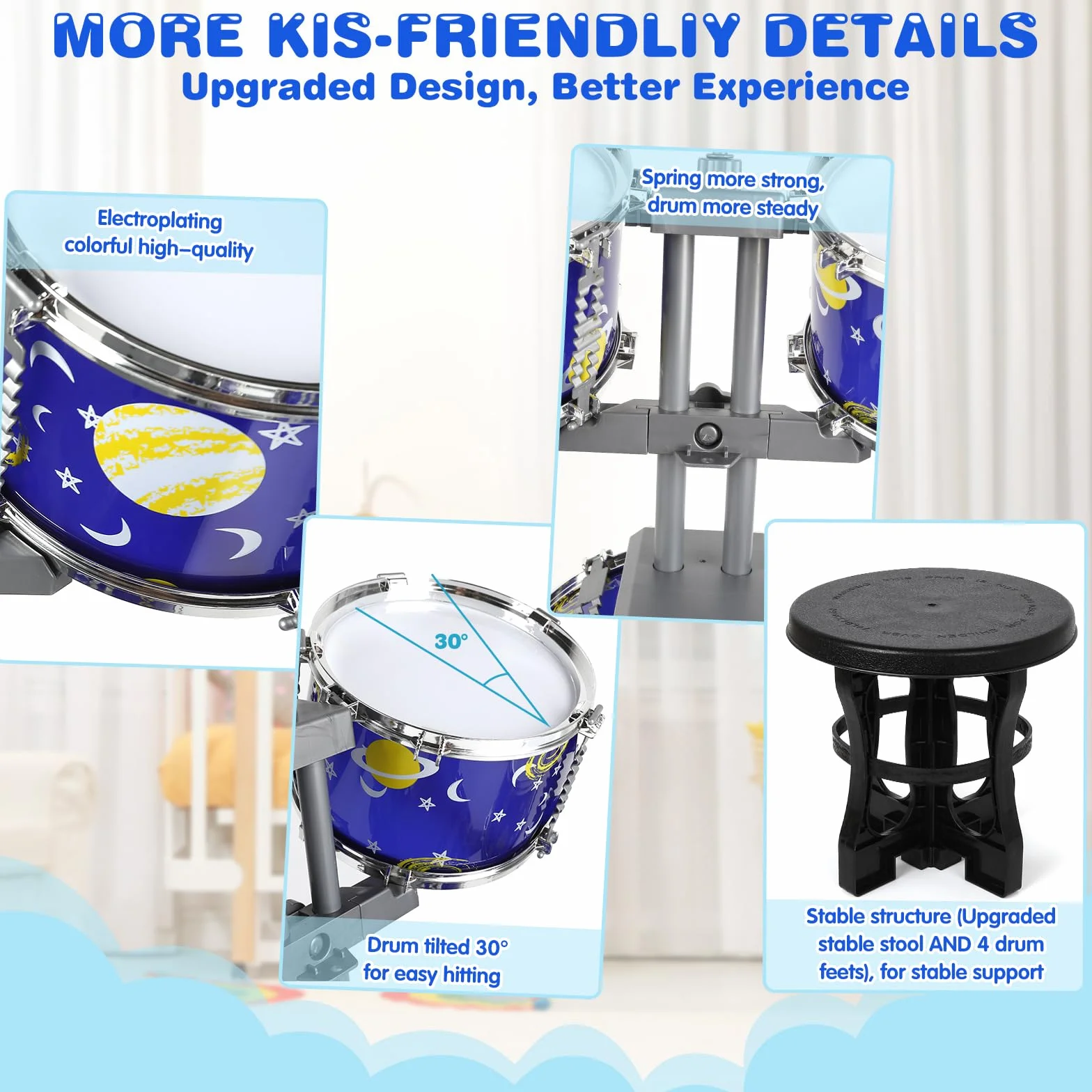 Batteria Giocattolo per Bambini Jazz Drum Kit, Giocattoli musicali luminosi per 3 4 5 Anni, Toddler Drum Set con sgabello 5 Tamburi Strumenti Musicali a Percussione per Ragazzi Ragazze