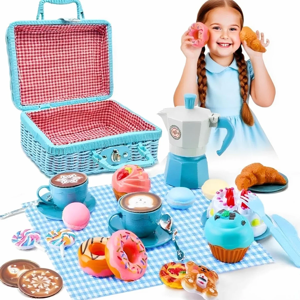 Cucina Giocattolo per Bambini,Accessori Cucina Bambini con Cestino da Picnic ,Tappetino, Dolce e Caffettiera,Cibo Giocattolo,Giocattoli da Picnic per Bambina 3 4 5 anni (Blu)