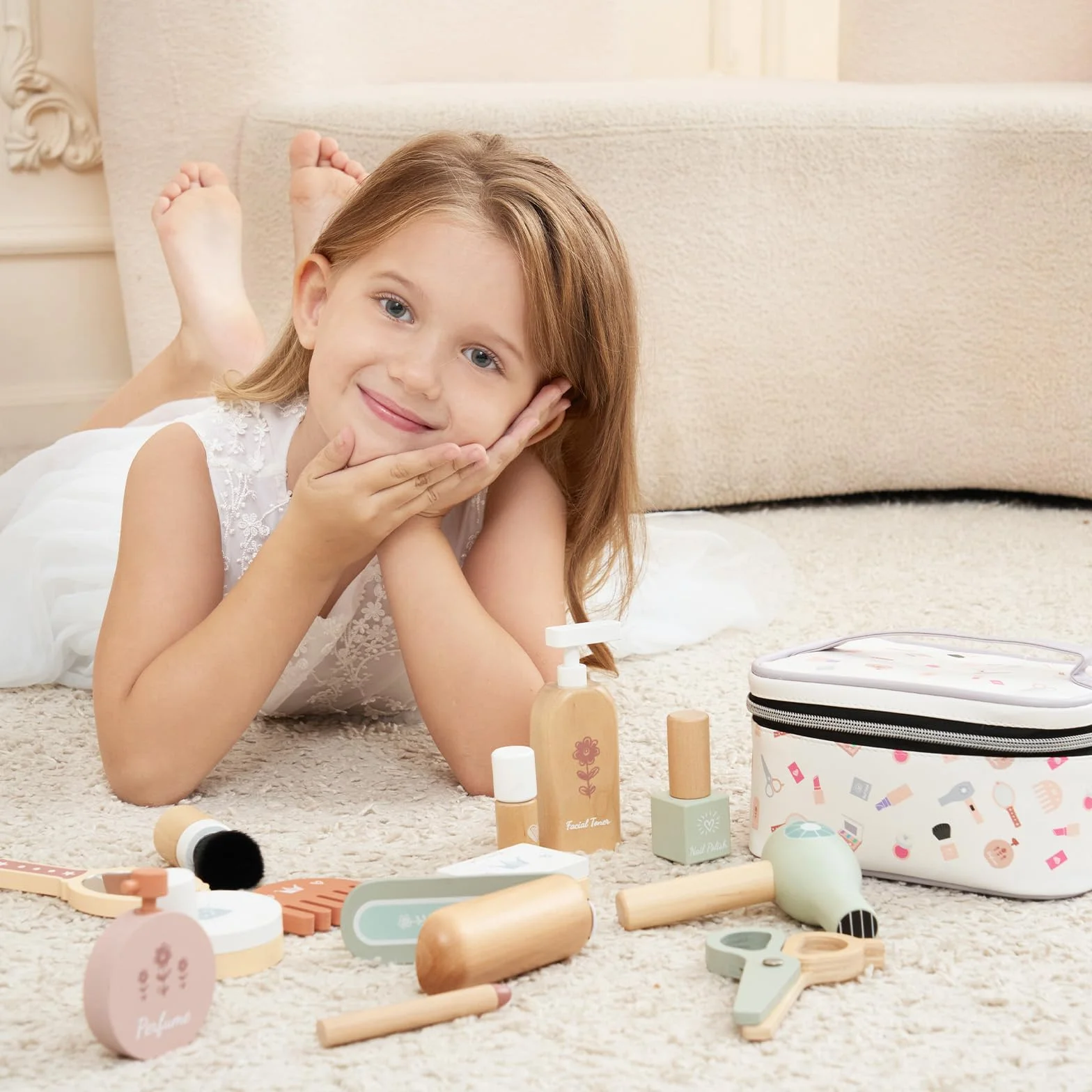 GAGAKU Set di trucchi in legno per ragazze dai 3 anni in su, con accessori realistici come rossetto e specchio, perfetto per bambini