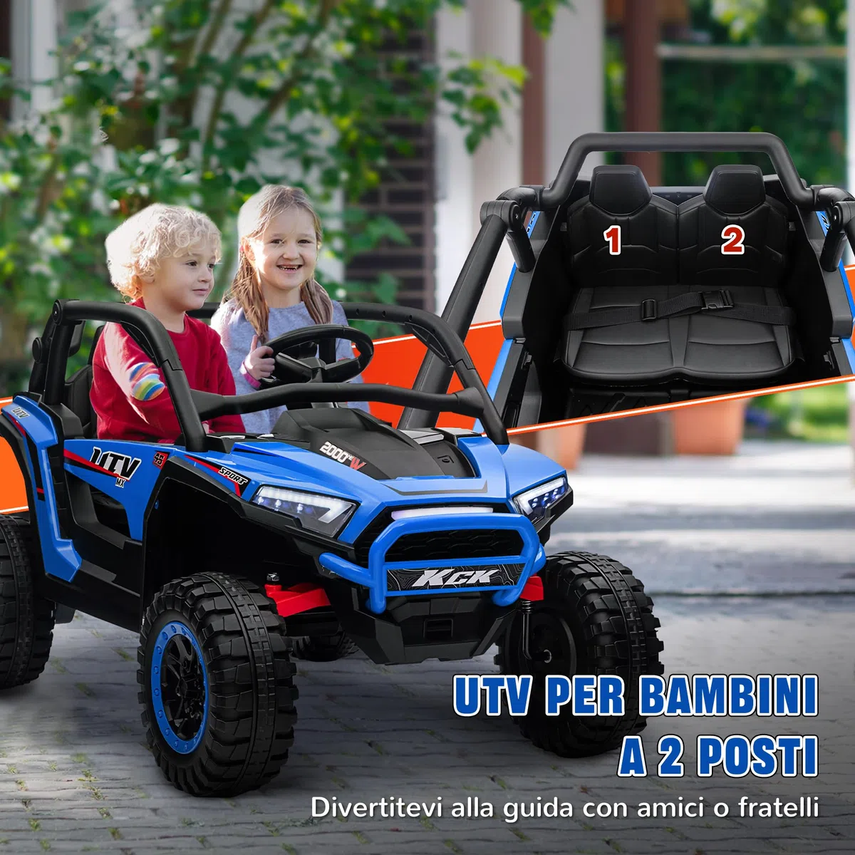 AIYAPLAY Macchina Elettrica per Bambini 2 Posti 24V 4 Motori, Auto Elettrica Bambini 3-8 Anni con 3 Velocità, Musica Integrata, Clacson, Luci, Sospensione a Molla e Telecomando, Velocità 5-7km/h, Blu