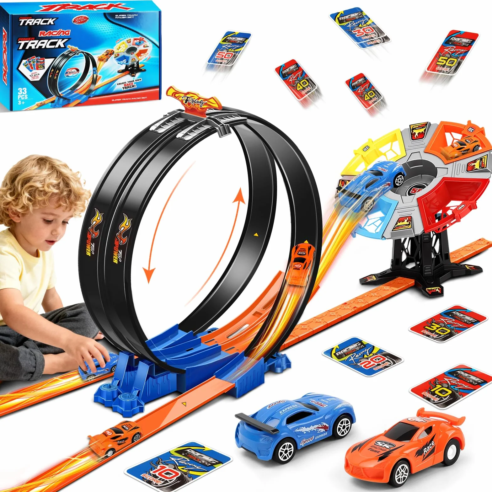 Charmofun Giocattolo Piste da Corsa, Circuito di Corse mit Pista Loop Rotante, Pista Slot per Bambini, Giocattolo da Corsa Regalo per Ragazzi 3 4 5 6+ anni