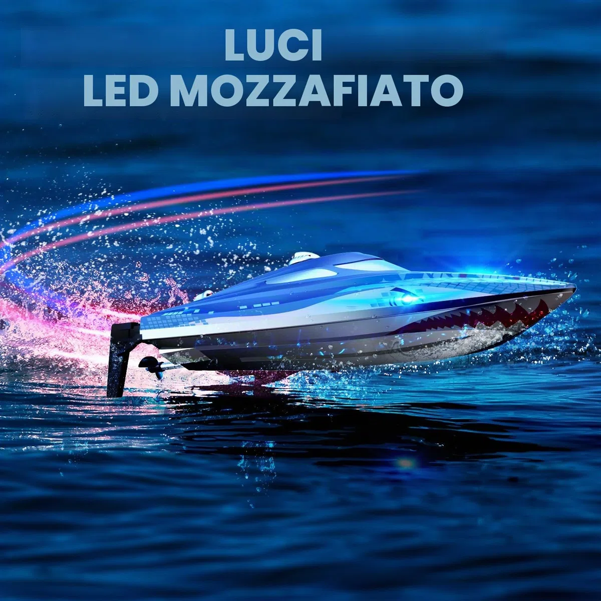 DEERC Barca RC con luce LED, barca a squalo telecomandata per piscine e laghi, barca radiocomandata da 20 km/h, barca da corsa da 2,4 GHz