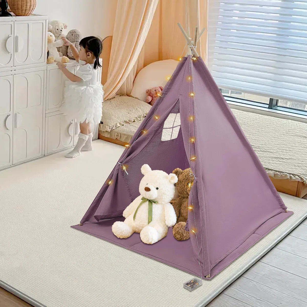 Tenda per Bambini 120x120x140cm con Luce, Tipi per Ragazza 1,6m in Cotone Lino per Camera, Giardino, Spiaggia, Casetta da Gioco per Interno ed Esterno con Tappeto, Ghirlanda 3m