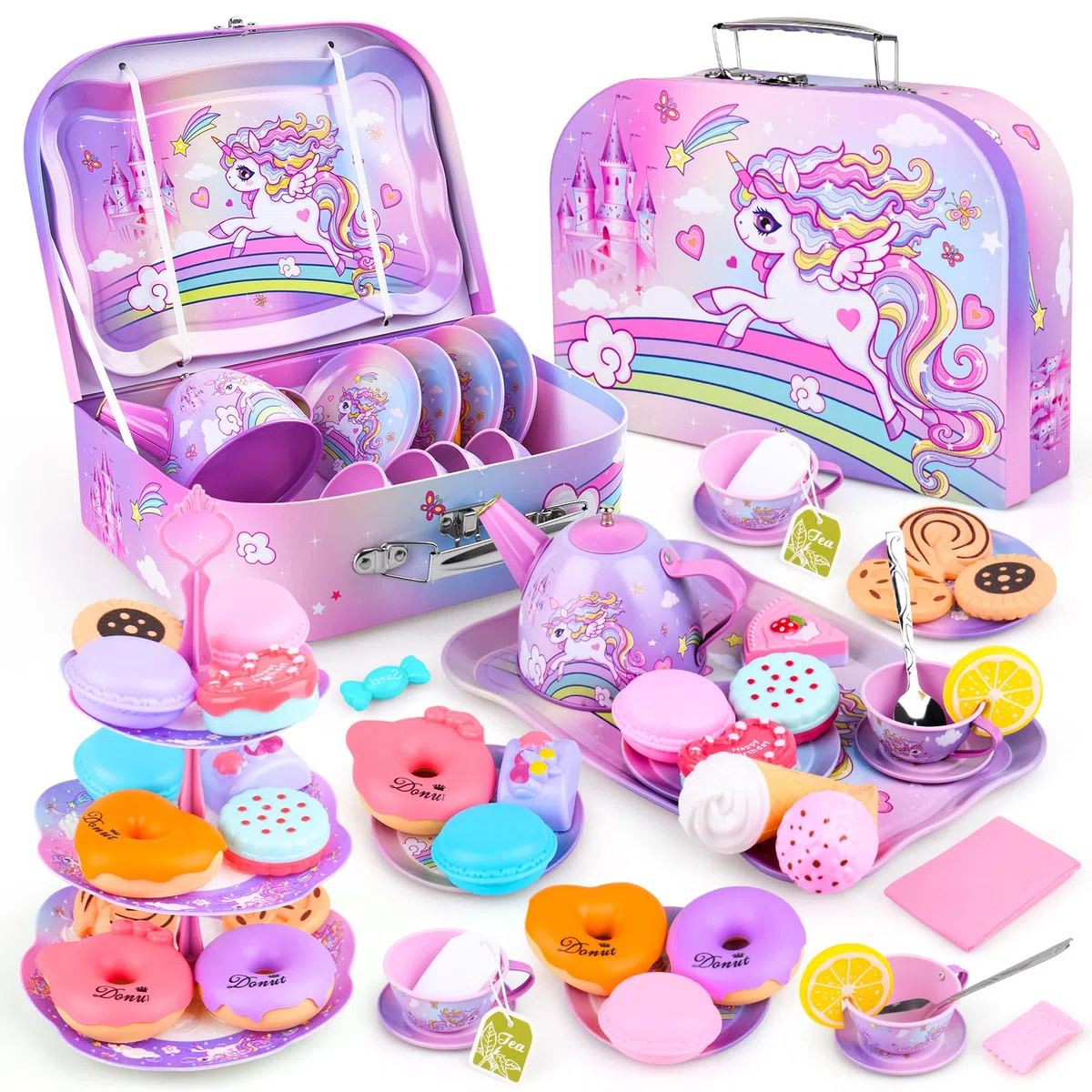 ARANEE Set da Tè Giocattoli Bambini Accessori Cucina Bambini Set da Tè in Latta Tea Party Finta di Giocare con Dessert Donut Giocattoli da Dessert Regalo per Bambina 3 4 5 6 7 8 Anno (Viola)