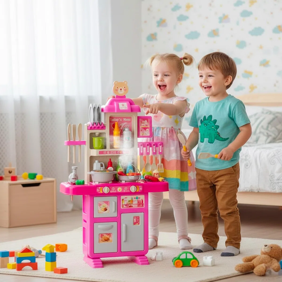 BRICOZONE Cucina Giocattolo Per Bambini Con Luci Suoni Ed Effetto Vapore Set Cucina Completo Con 69 Accessori Frigorifero Forno Rubinetto Con Riciclo Acqua 3 5 Anni (Rosa)