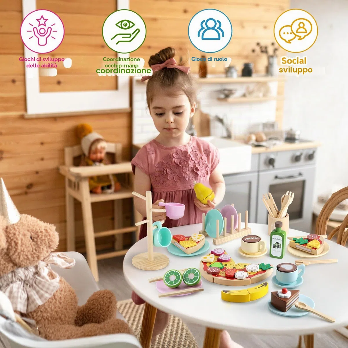 GAGAKU Set di stoviglie da cucina per bambini, 27 pezzi, servizio da tè per bambini, in legno, con supporto, giocattolo Montessori per bambini 3-5 anni, giocattolo educativo per giochi di ruolo