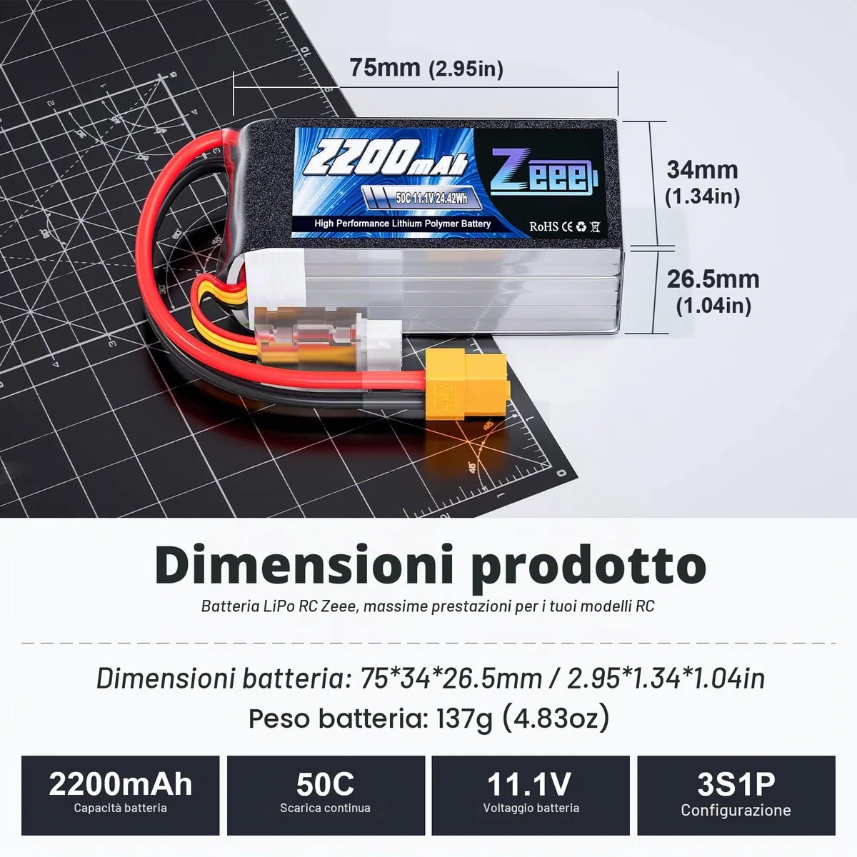 Zeee 3S Lipo 11,1V 50C 2200mAh Batteria RC corta con spina XT60 per RC Auto Camion Veicoli RC Barca Drone Aereo RC Quadcopter Elicottero FPV Modelli Hobby da corsa (2 pezzi)