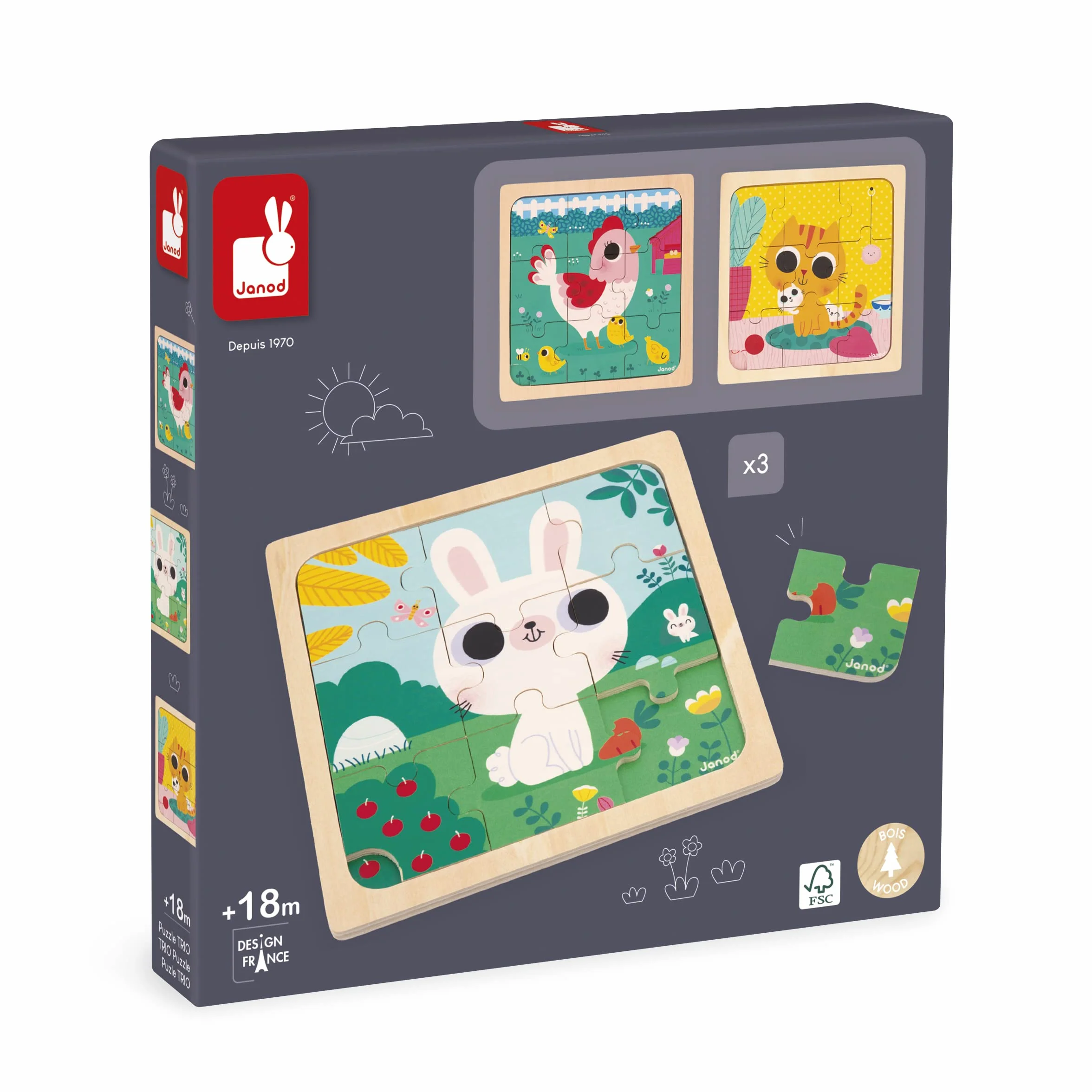 Janod - 3 Puzzle in Legno da 9 Pezzi - Gallina, Gatto, Coniglio - Giocattolo per Bambini - Gioco Educativo Prima Infanzia - Dai 18 Mesi, J07113