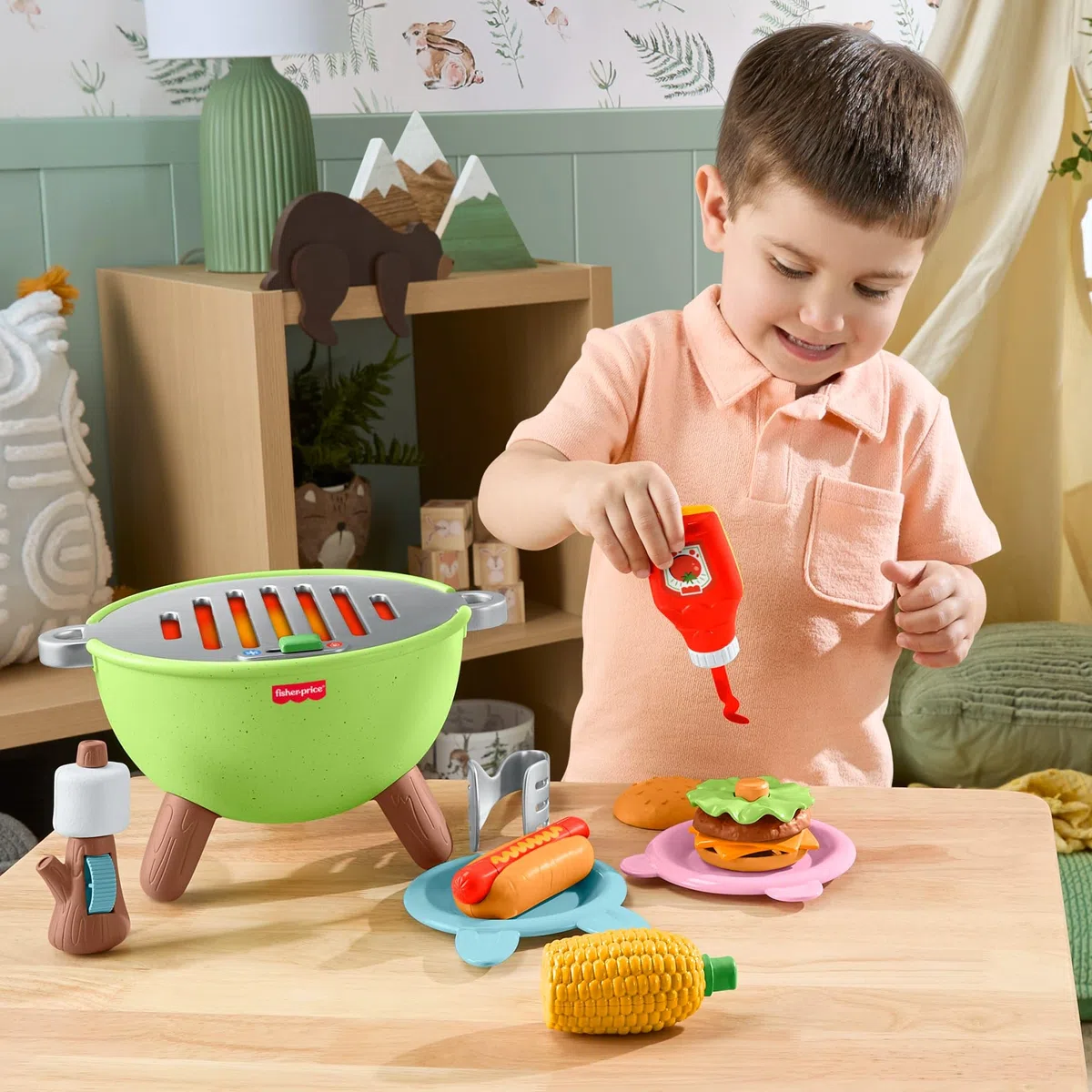 Fisher-Price - Barbecue Amici della Foresta, Set con 14 Accessori a Tema Campeggio e Cucina, Utensili e Cibo Giocattolo per sviluppare Le capacità di condivisione, 2+ Anni, JLB82