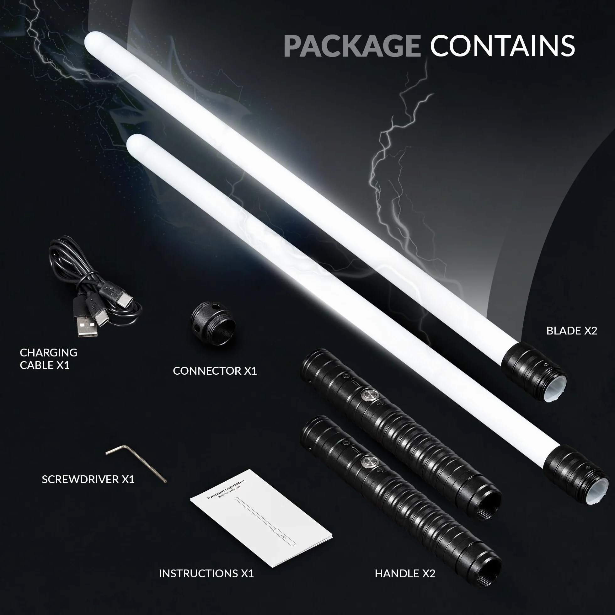 Spada Laser con Impugnatura in Metallo | Set di 2 Spade Laser Ricaricabili | Spada Laser da Combattimento con 15 Colori ed Effetti Sonori | Lightsaber a Doppia Lama (Nero)