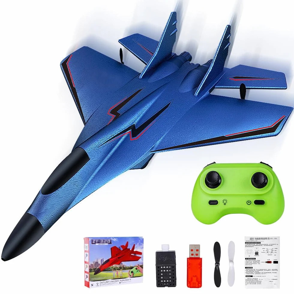 Aereo Telecomandato 2,4 GHz da Caccia, 2 CH Radiocomandato, RC Giocattolo, Aliante Volante per Bambini, Principianti (Blu)