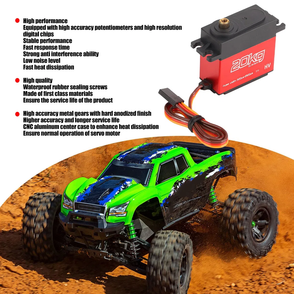 Servo digitale professionale impermeabile da 20 kg con braccio in metallo 25T per auto RC 1/10 1/12