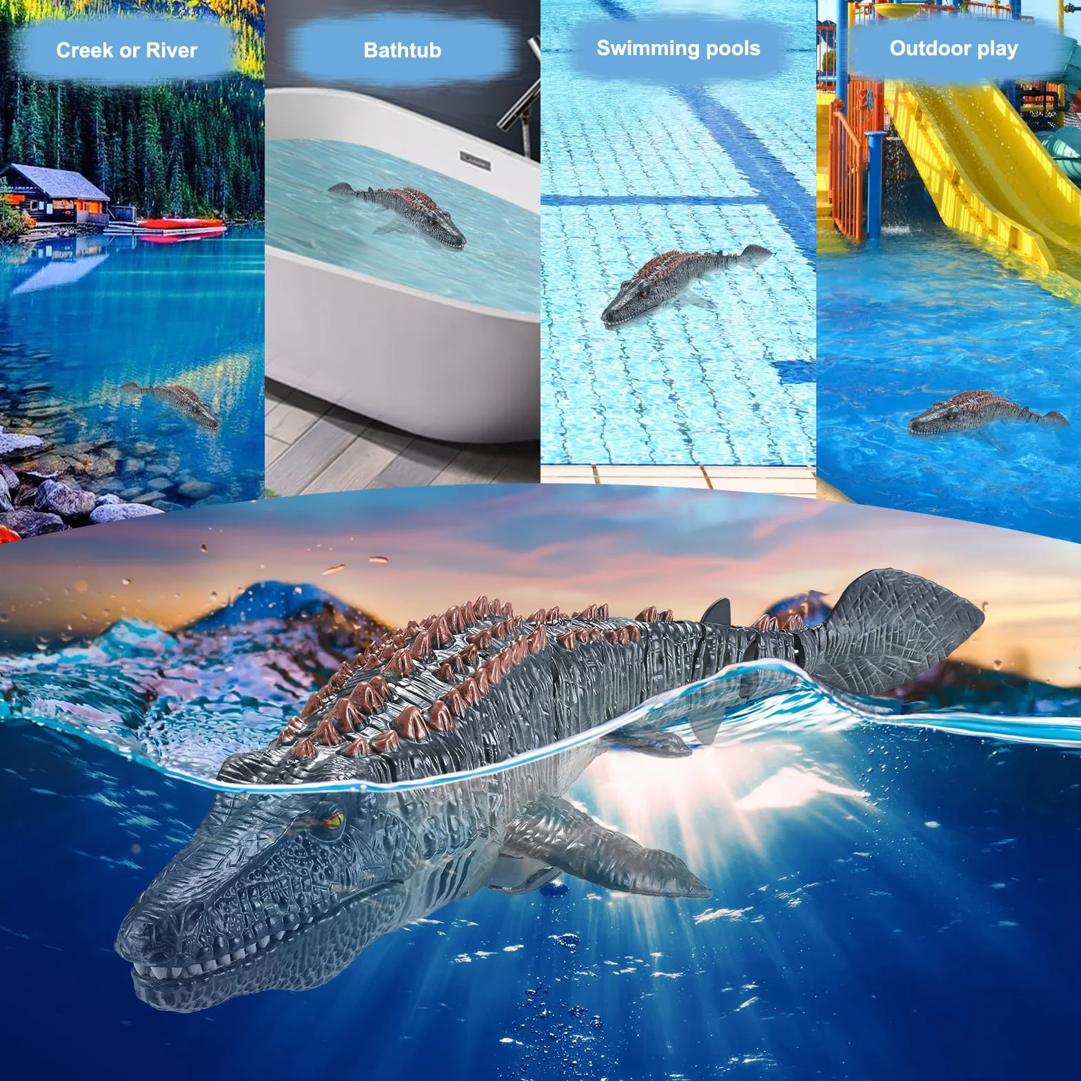 2.4GHz Barca Telecomandata Mosasaurus con Luce & Spray, Doppio Eliche RC Barca Telecomandata Dinosaur per Bambini, RC Squalo Motoscafo, Piscine e Laghi Giocattolo Spruzzare Acqua (grigio)