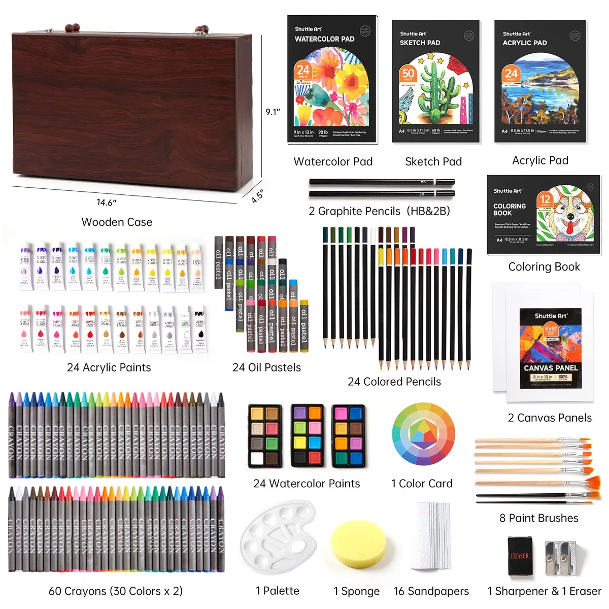 Shuttle Art Kit artistico deluxe da 202 pezzi in legno con blocchi da disegno, tele, fogli da colorare, colori acrilici, pastelli e matite colorate