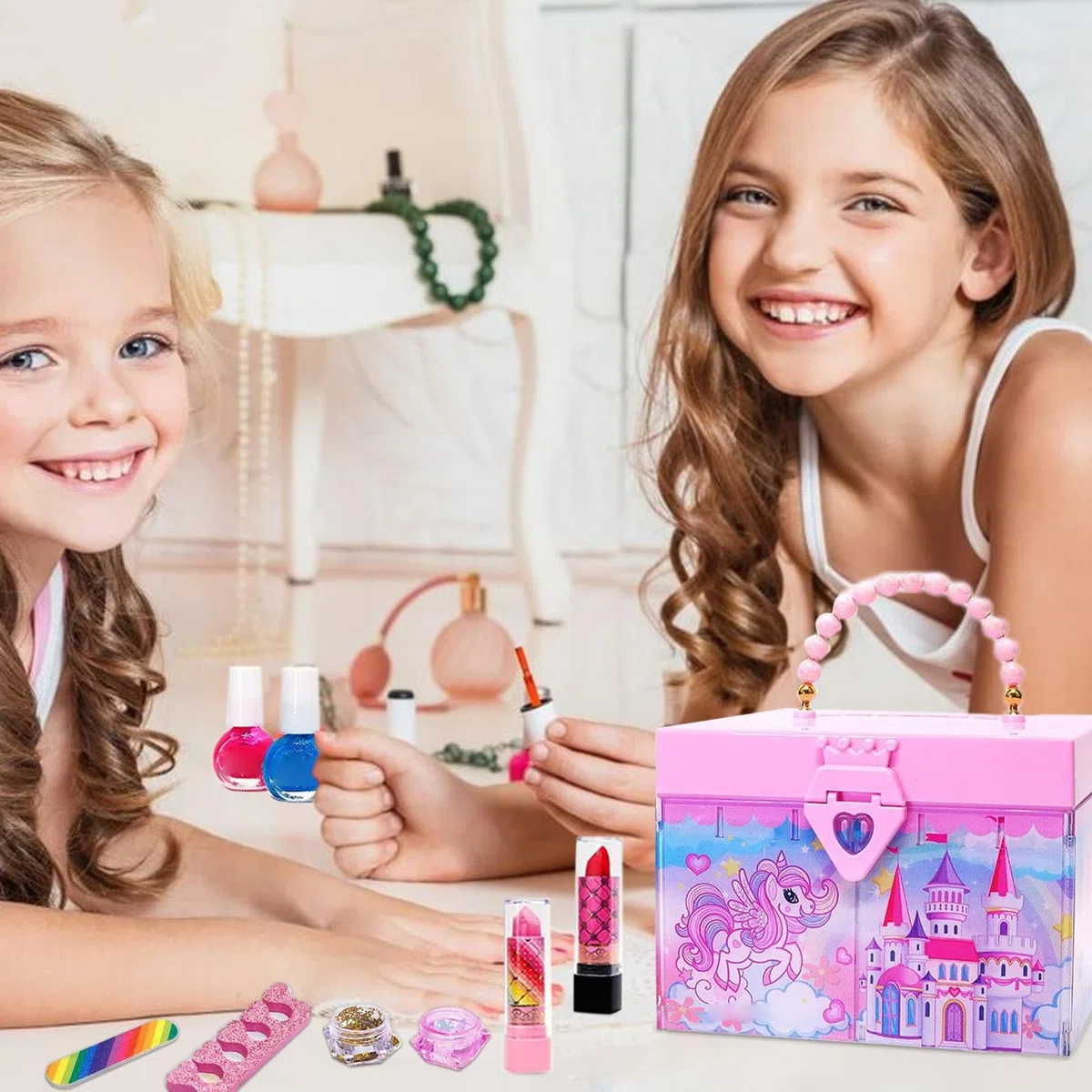 Set trucco per bambini,Trucco per bambini | Giocattoli per il trucco da gioco per ,Kit cosmetici Princess di design con scatola portaoggetti di grandi dimensioni, giochi di finzione per