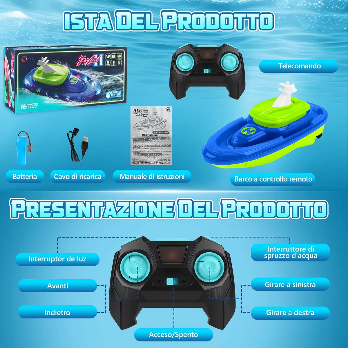 FORMIZON Barca Telecomandata, Motoscafo Telecomandato con Spruzzi d'Acqua, Barca Radiocomandata con Luce e Funzione Rotante a 360 Gradi per Piscine e Laghi (Blu)
