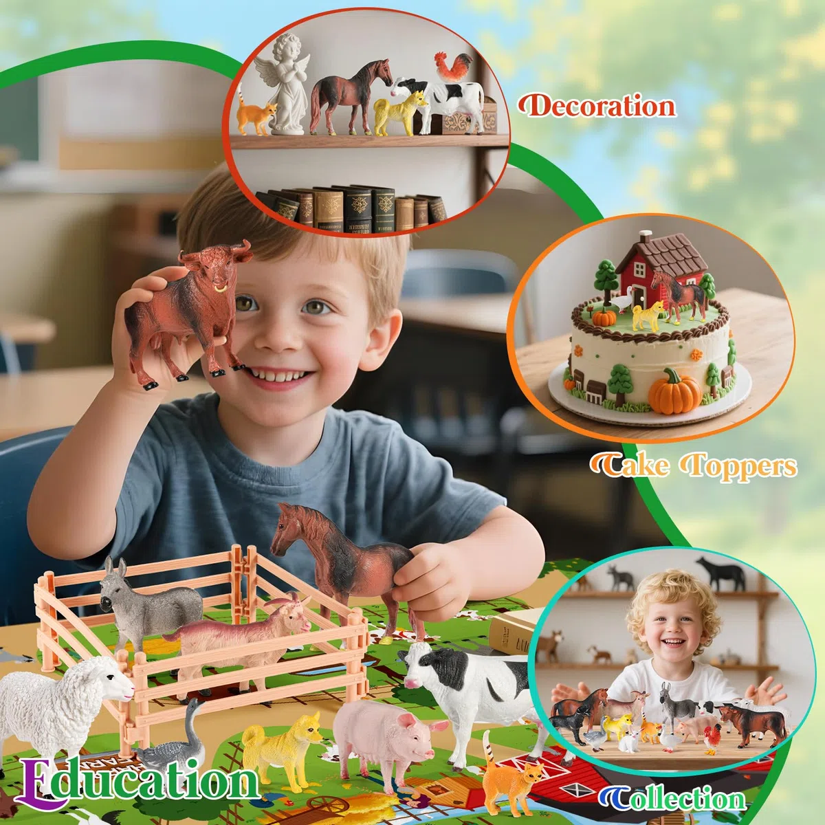 FRUSE Animali Giocattolo per Bambini con 120x80 cm Tappeto, 38 Pezzi Fattoria Animali Bambini con Fattoria Animali Figure,Trattore Giocattolo e Recinti, Giochi Educativo per Bambini 3 4 5 6 anni