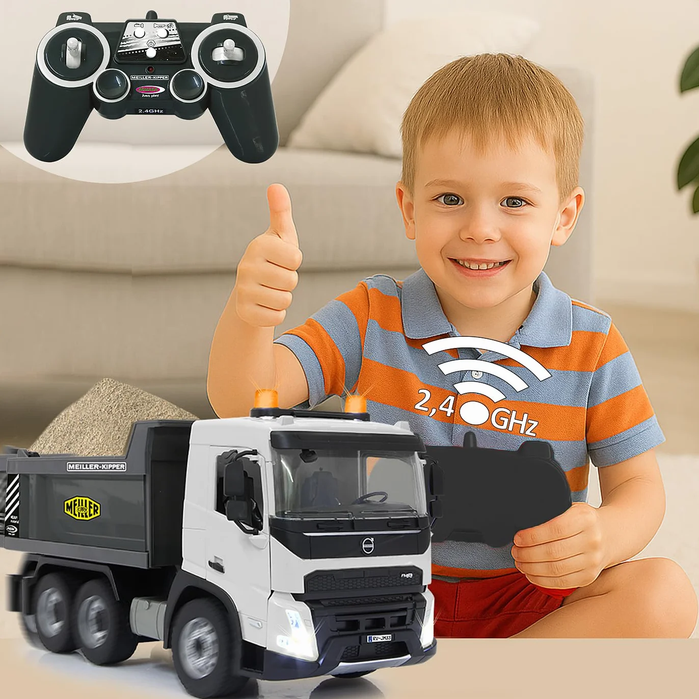 JAMARA Autocarro Volvo FMX Meiller 1:20, 2,4 GHz, con licenza ufficiale, suono di allarme di retromarcia, pneumatici in gomma profilati, luce LED, ribaltabile su/giù, veicolo da costruzione