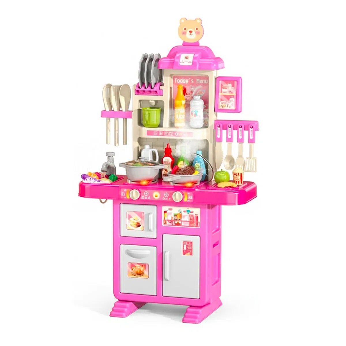 BRICOZONE Cucina Giocattolo Per Bambini Con Luci Suoni Ed Effetto Vapore Set Cucina Completo Con 69 Accessori Frigorifero Forno Rubinetto Con Riciclo Acqua 3 5 Anni (Rosa)