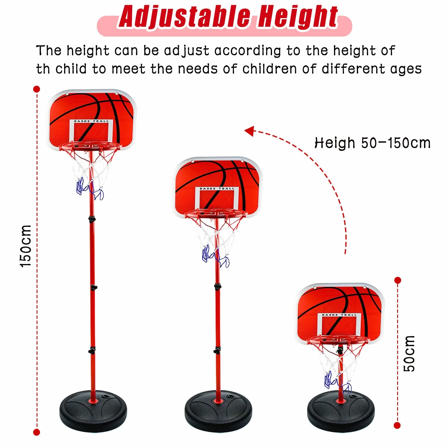 Canestro Basket Bambini e Supporto, portatile da 50 cm-150 cm Regolabile per interni ed esterno, Con 3 palle, rete, pompa