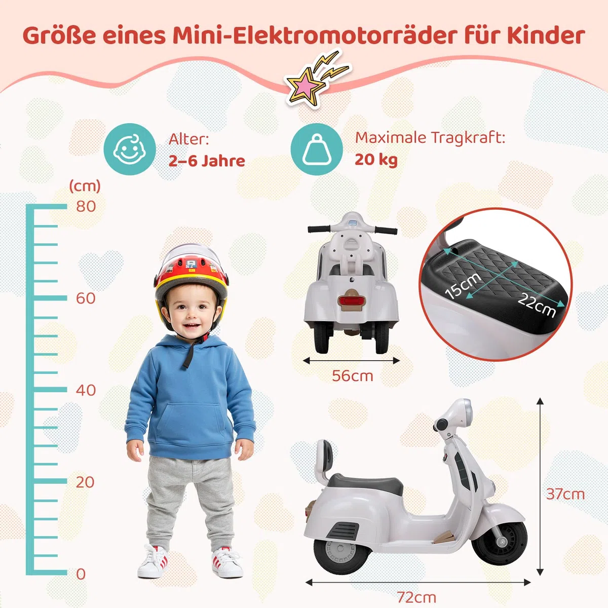 MAMIZO Moto Elettrica per Bambini 6V, Moto Giocattolo Cavalcabile a 3 ruote, Avanti e Indietro, con schienale, Fari, USB, Pedali, Musica, 72x56x37 cm, 2 km/h, max 20 kg, per bambini 3-6 anni, Bianco