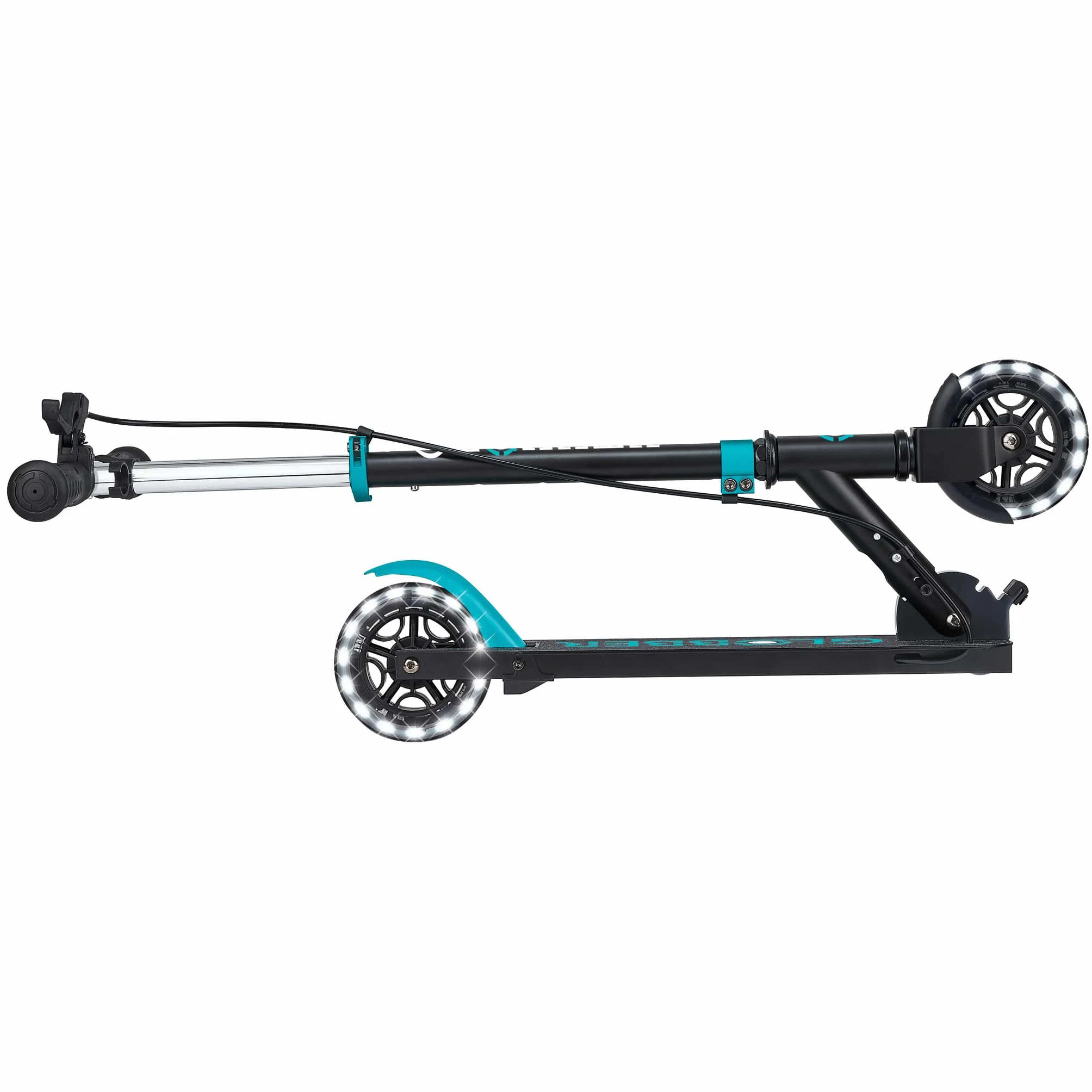 Globber - FLOW ELEMENT JUNIOR LIGHTS - monopattino pieghevole a 2 ruote con freno posteriore, manubrio regolabile e luci LED, per bambini dai 4 anni - azzurro turchese
