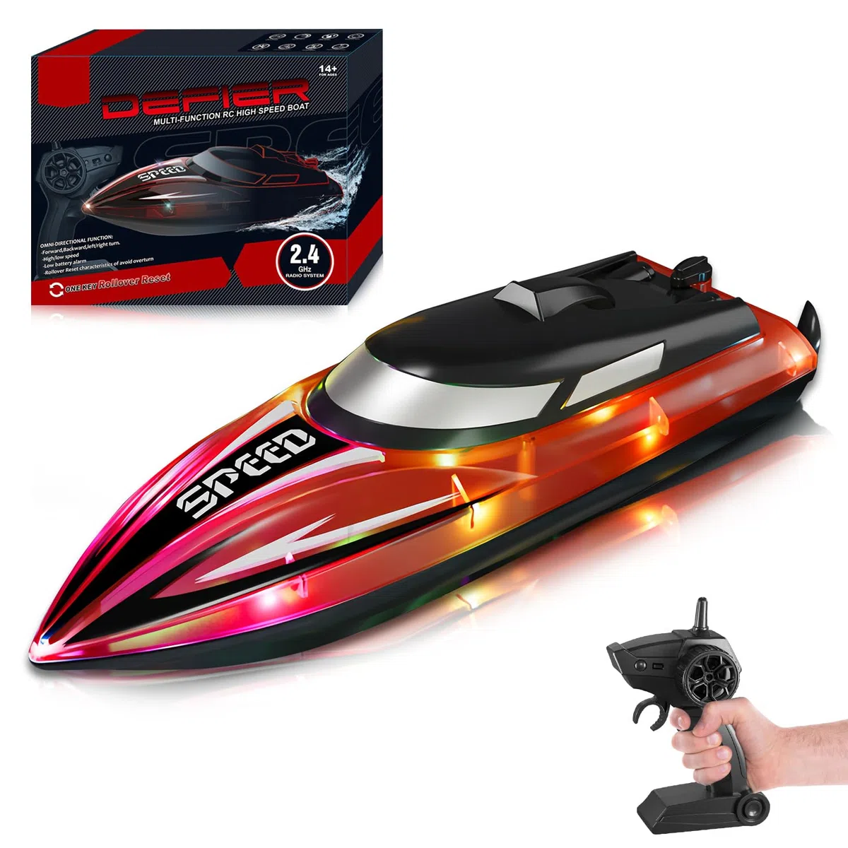 RoserRose Barca telecomandata, barca radiocomandata con illuminazione a LED, telecomando da 2,4 G, doppio motore, impermeabile e protezione contro il ribaltamento, per bambini, con 2 batterie per mari