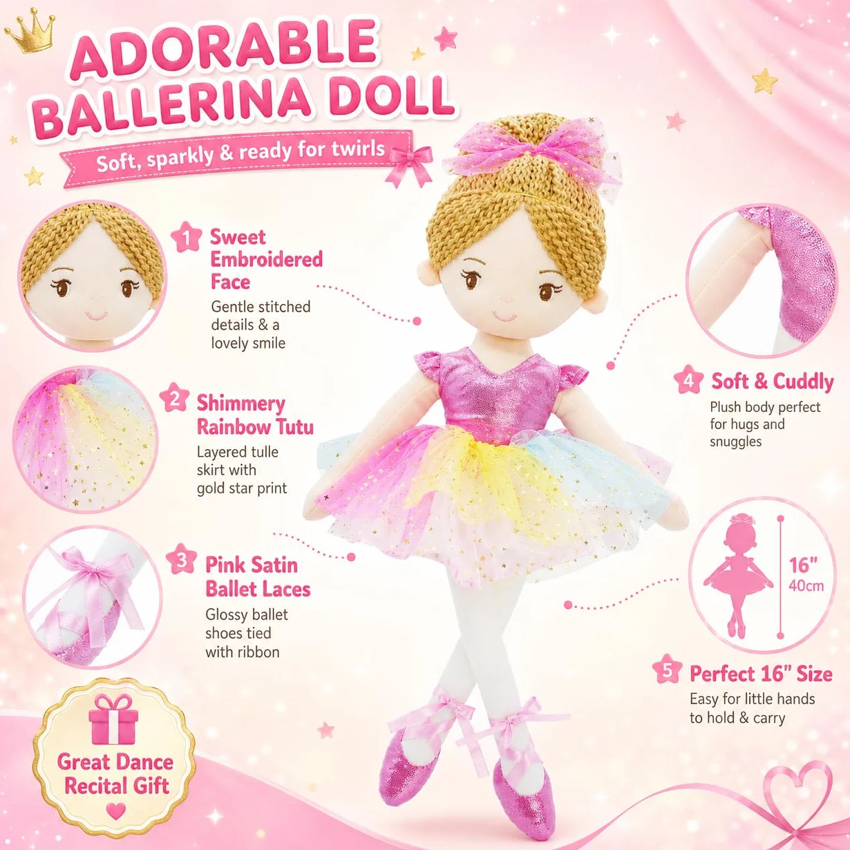 40 cm Ballerina Principessa Polina - Bambola di peluche piena - vestito rosa - regalo per bambine