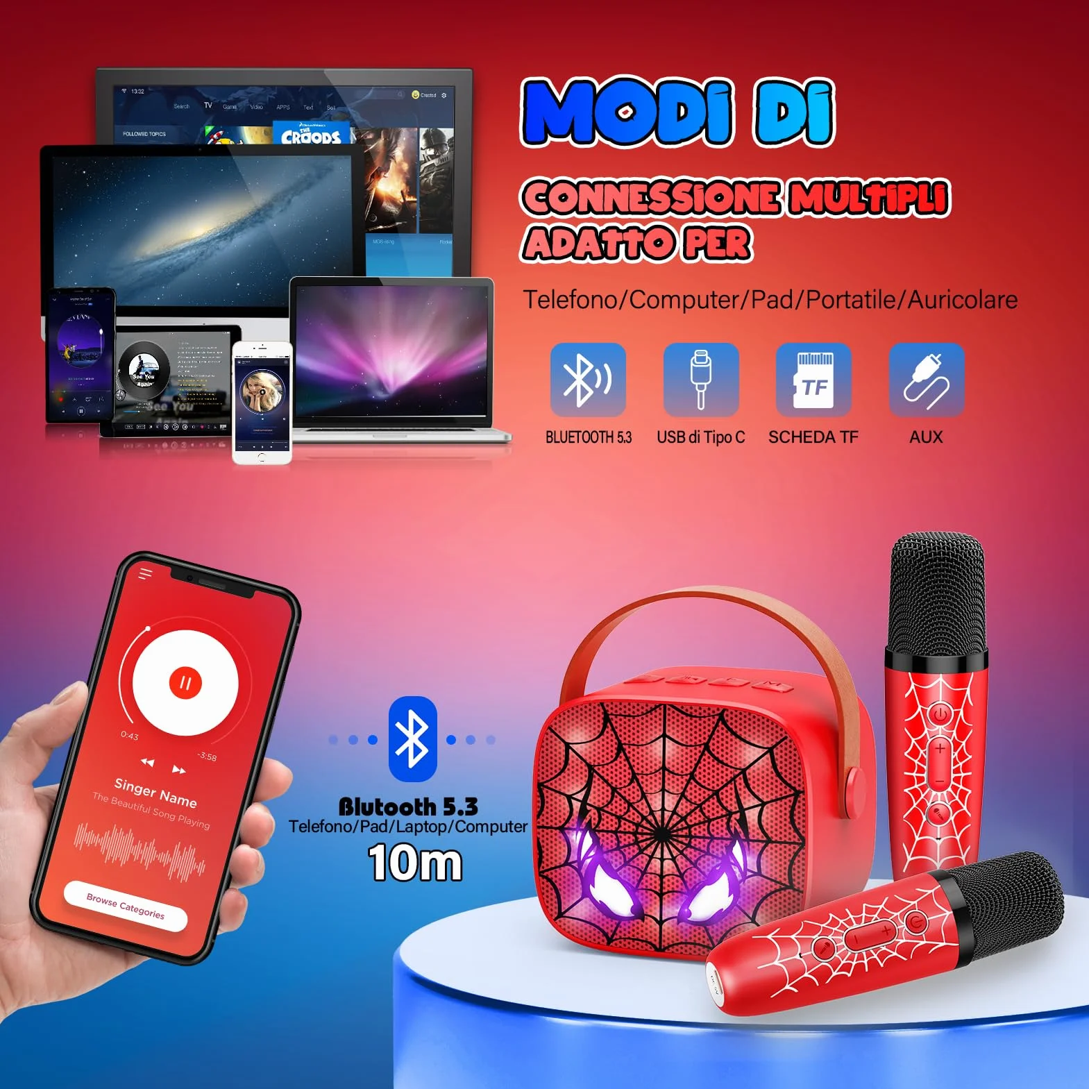 Braxel Regalo Bambino Karaoke per Bambini con 2 Microfono Wireless Bluetooth Giocattolo 3-12 Anni